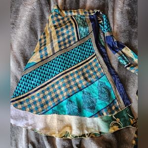 Darn Good Yarn Silk Sari Wrap Skirt- Blue/green/cream colore, Tea Regular (0-12)
